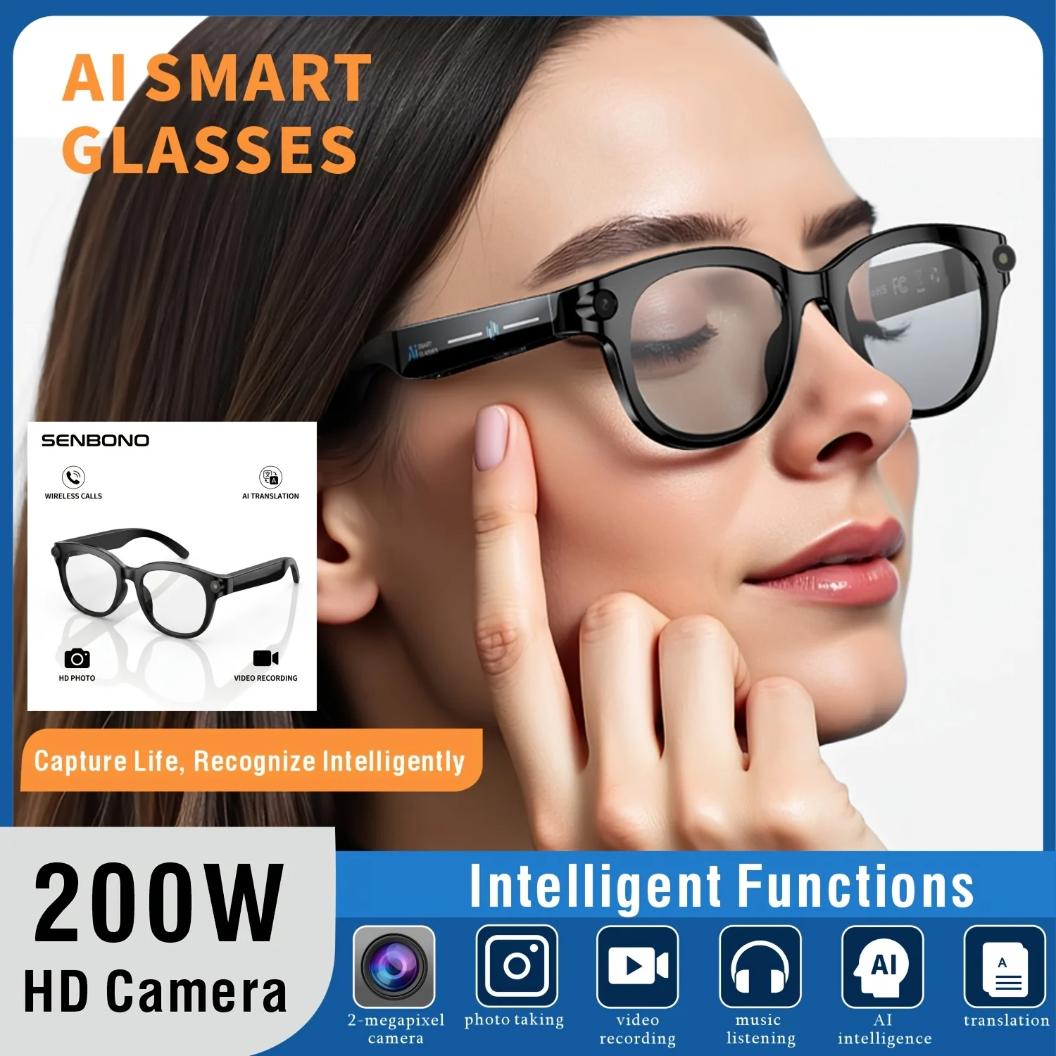 

SENBONO AI Smart Glasses With 200W Pixels Camera Portable Charger 100+language Translation Bluetooth Call Music PlayerGlasses