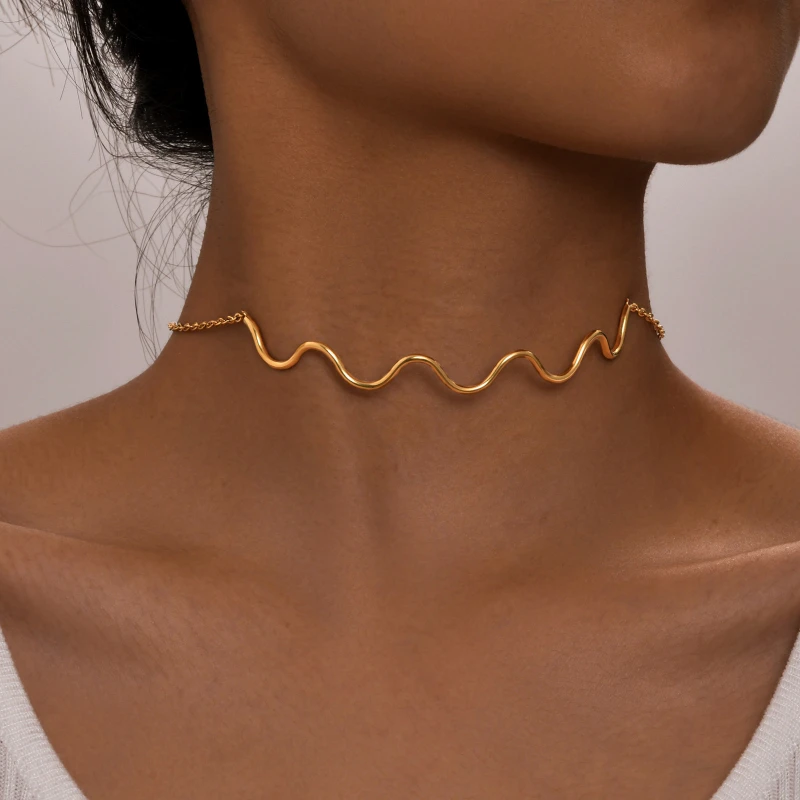 Neck Necklaces Stainless Steel Wavy Line Element Women OL Personalized Collar Fashion Jewelry Party Gift