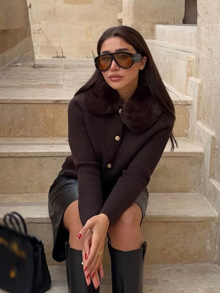 

HH женская модная универсальная однотонная куртка с лацканами из искусственного меха, осенняя женская уличная повседневная однобортная вязаная куртка