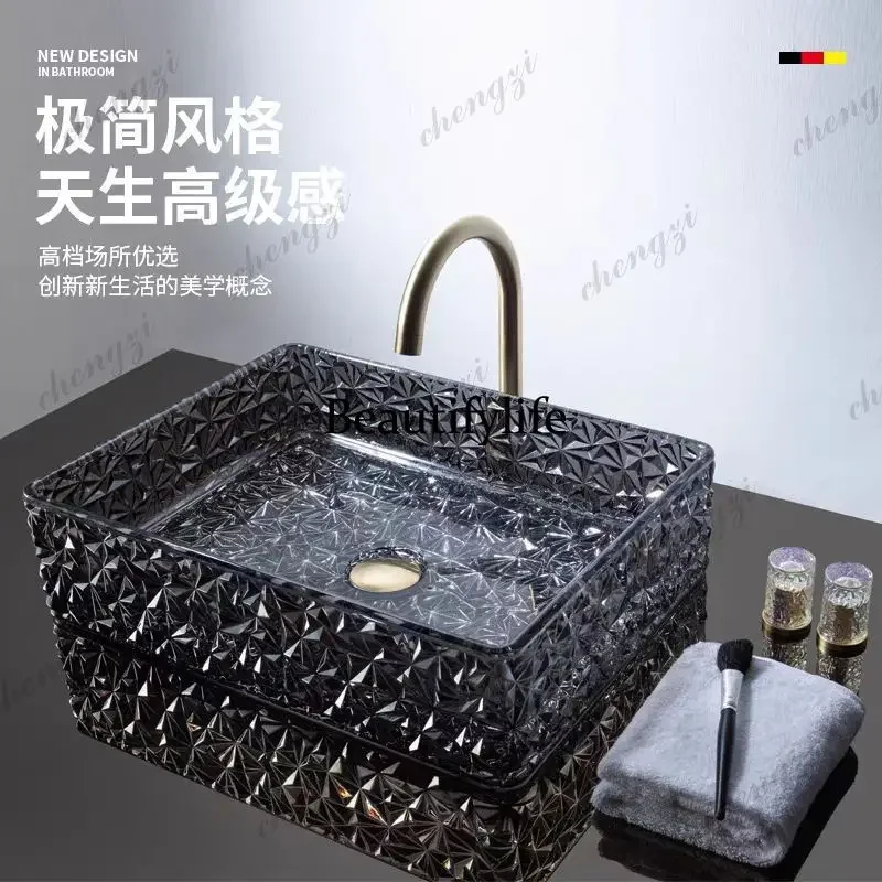 Y136  Rectangular glass bathroom sink, colorful crystal countertop, washbasin, shiny bathroom art basin, single basin GN669SX