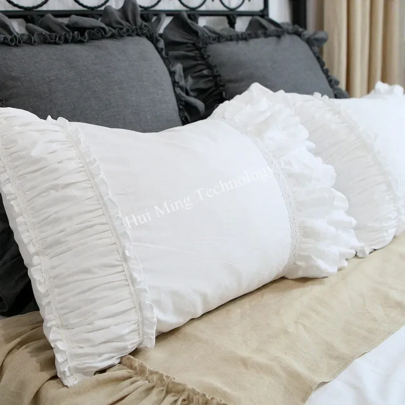 2Pcs 100% Cotton Pillow Cover White Luxury Pillow Case Custom Embroidery Lace Ruffle Quality Pillowcase Pillow Cases Lotus Leaf