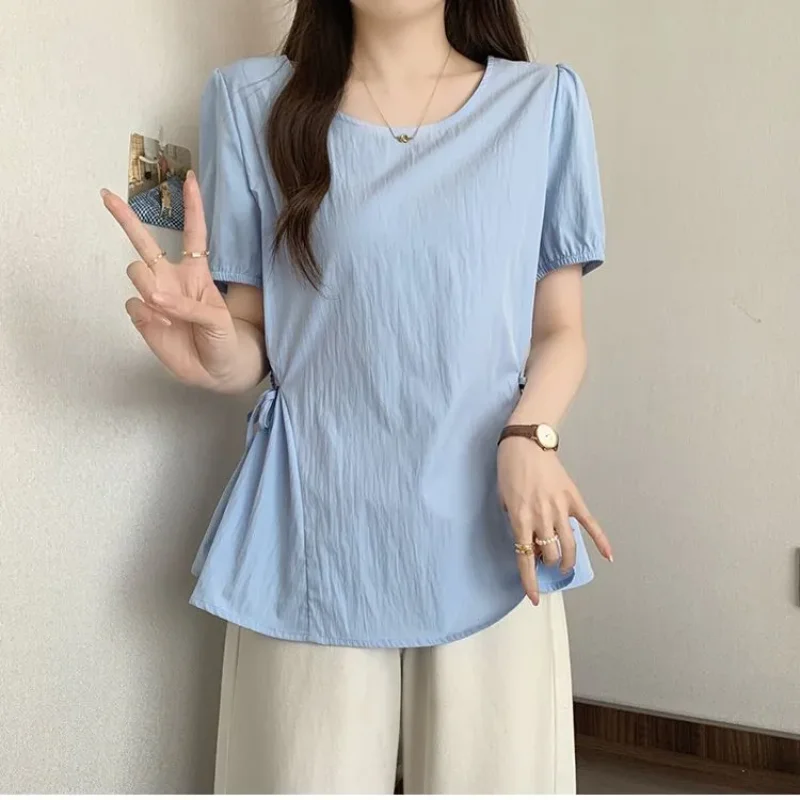 

Рубашка с коротким рукавом и круглым вырезом, правым плечом, 2025 г., утягивающий кукольный топ со свежей талией