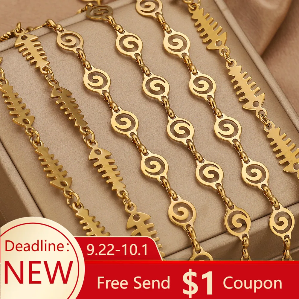 Cadena de joyería de pez brillante de acero inoxidable de 1M, PVD chapado en oro, ajustable, DIY, collar de mujer, pulsera, accesorios para hacer al por mayor