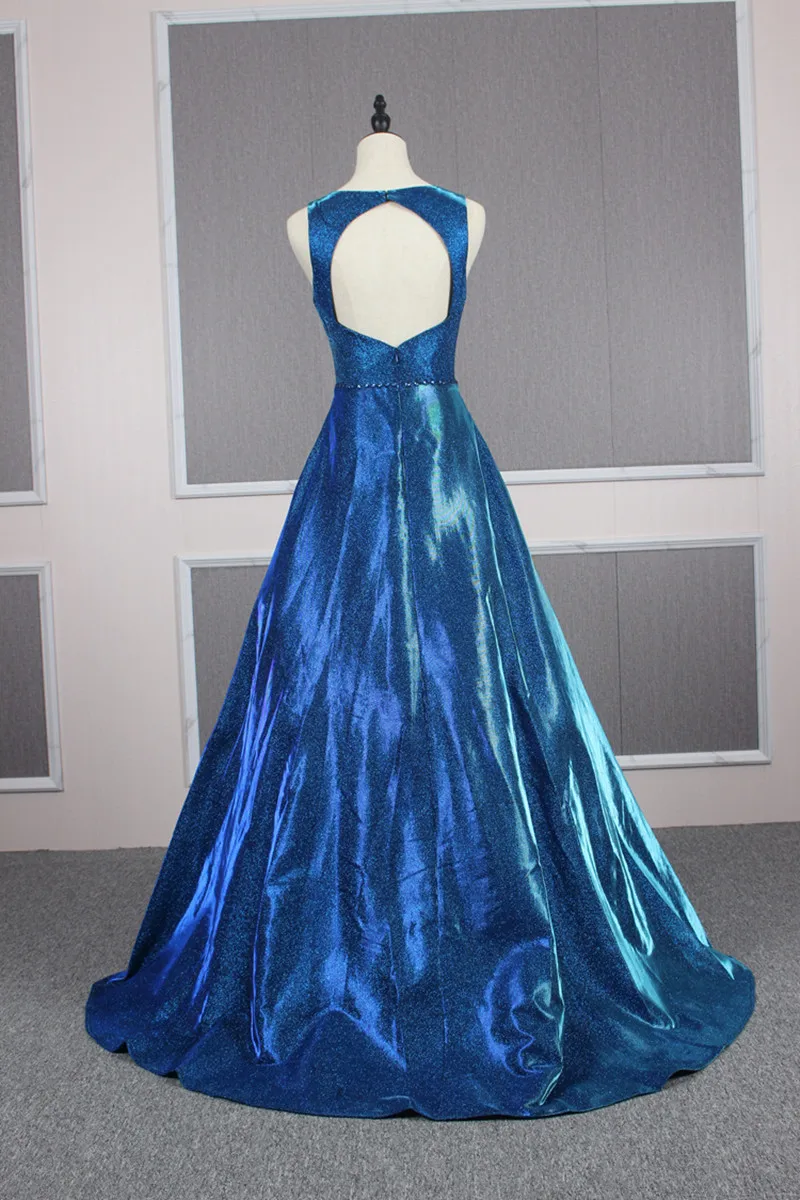 Blue Sparkly New Evening Gown Girl Quinceanera Graduation Show Dress Sleeveless V Neck Prom Party Gown فساتين مناسبة رسمية  Robe