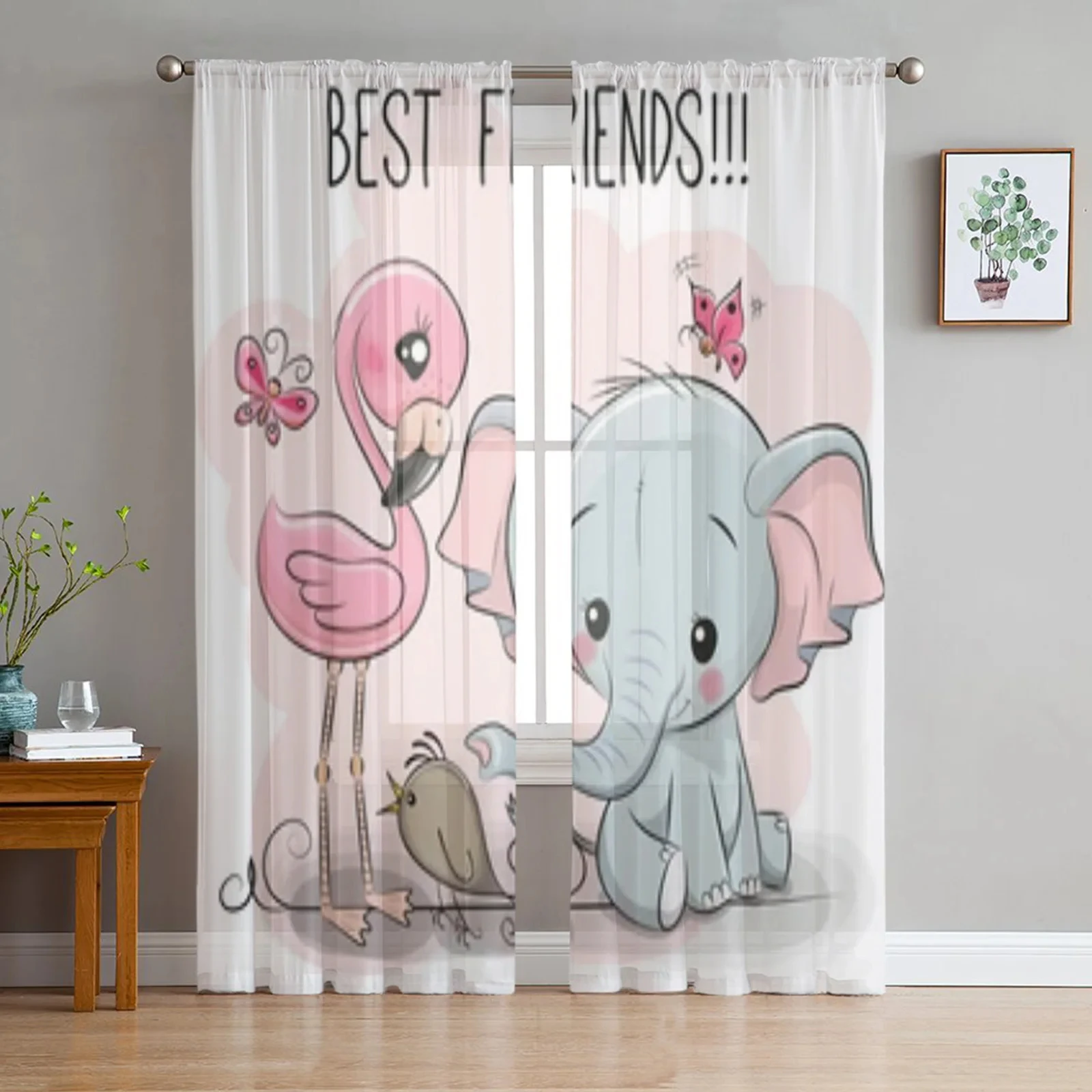 Cartoon Little Elephant With Star And Moon Sheer Curtains For Living Room Window Transparent Voile Tulle Curtain Bedroom Drapes