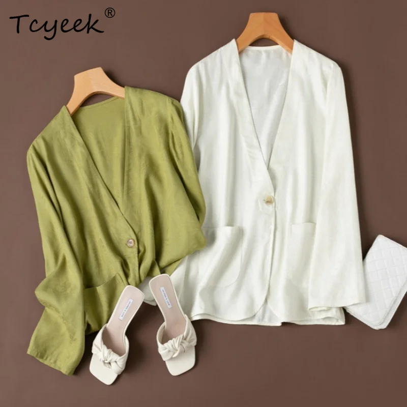 Tcyeek 100% Real Mulberry Silk Women's Tops 2026 Spring Versatile Daily Commuting V-neck Loose Suit Clothes for Woman Ropa Mujer