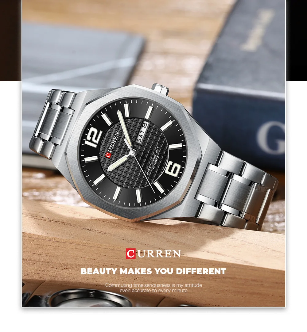 CURREN Herren-Businessuhr Quarz mit Tages- und Datumsanzeige, Edelstahlarmband, schlanke Armbanduhr für Männer, Leuchtzeiger – Detail 12