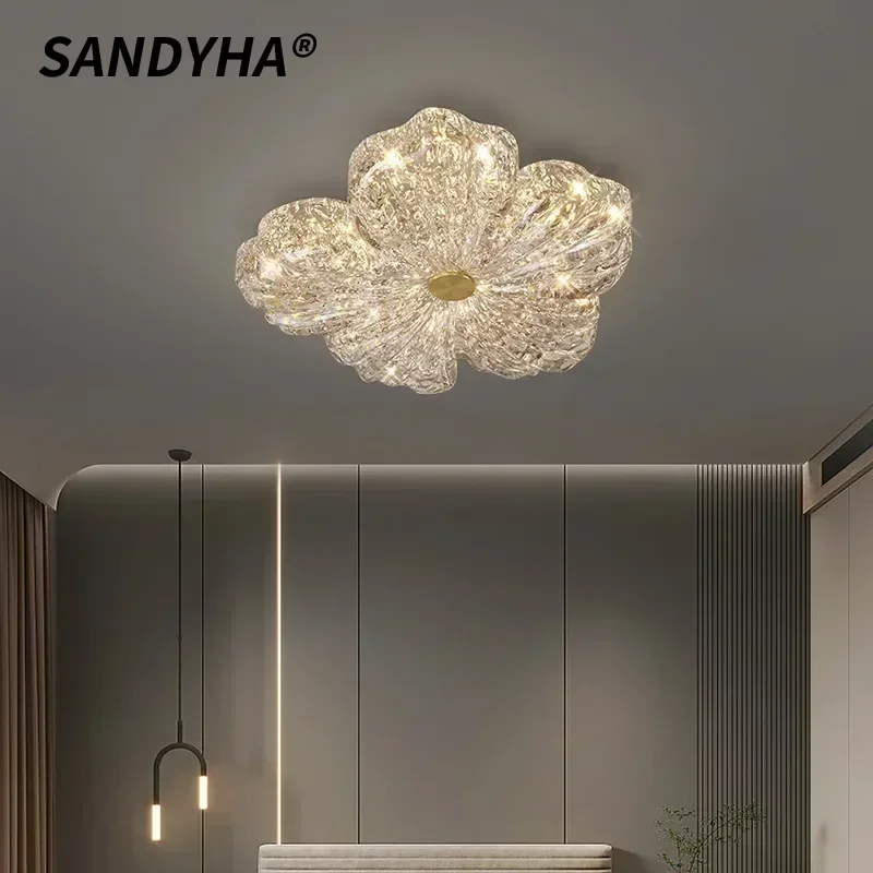 SANDYHA Lampu Gantung Bunga Emas Nordic Lampu Gantung Led untuk Restoran Kamar Tidur Ruang Tamu Lampu Langit-langit Dekorasi Rumah