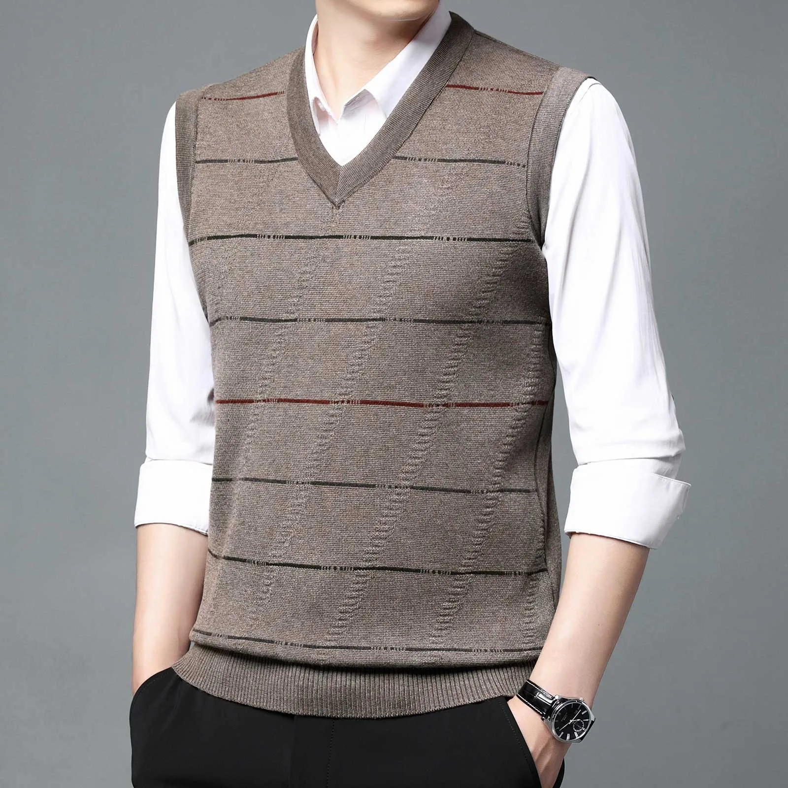 

Winter Male Sleeveless Knitted Vest Men's Fashion Casual Solid Colour Bottoming Shirt V Neck Jacquard Shoulder Jumper Vests