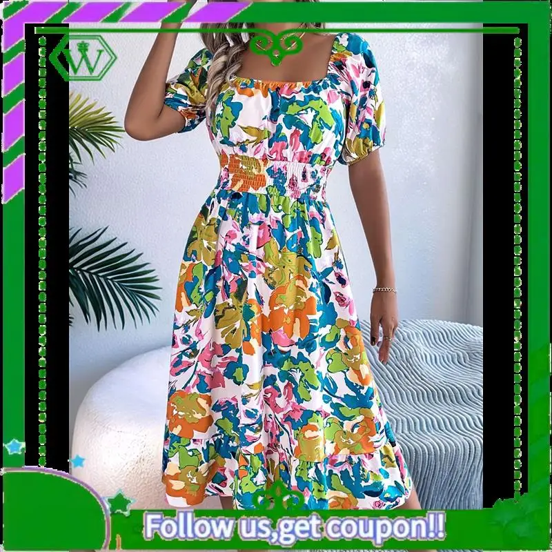 A18P-ผู้หญิงชุดลําลองฤดูร้อน 2025 ฤดูใบไม้ผลิพัฟแขนสแควร์คอ A-Line Flowy Boho ดอกไม้ Smocked MIDI ชุด