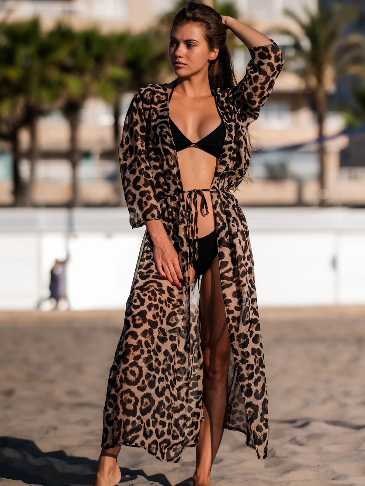 Neues, verführerisches Strandkleid mit Leopardenmuster, aus Chiffon, als Überwurf für Badekleidung, Strandmode, Sommerkleidung, langes Kleid für Damen, V3219. – Detail 10