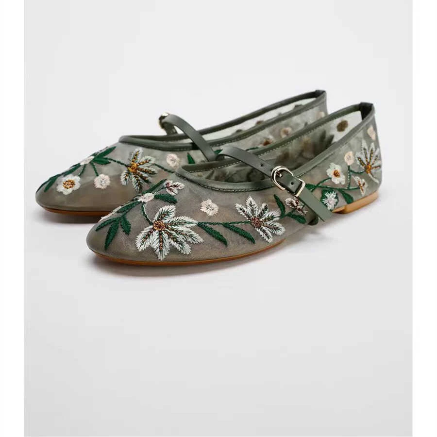 Spring Summer New Women's Flat Ballet oes Embroidered Floral Me Clog Sle Slip-On Casual Faion Footwear