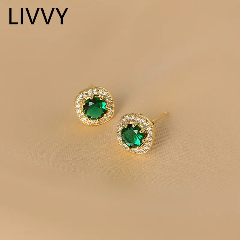 LIVVY Prevent Allergy Simple Round Green Zircon Small Stud Earrings For Women Couples Trendy Elegant Wedding Bride Jewelry Gifts