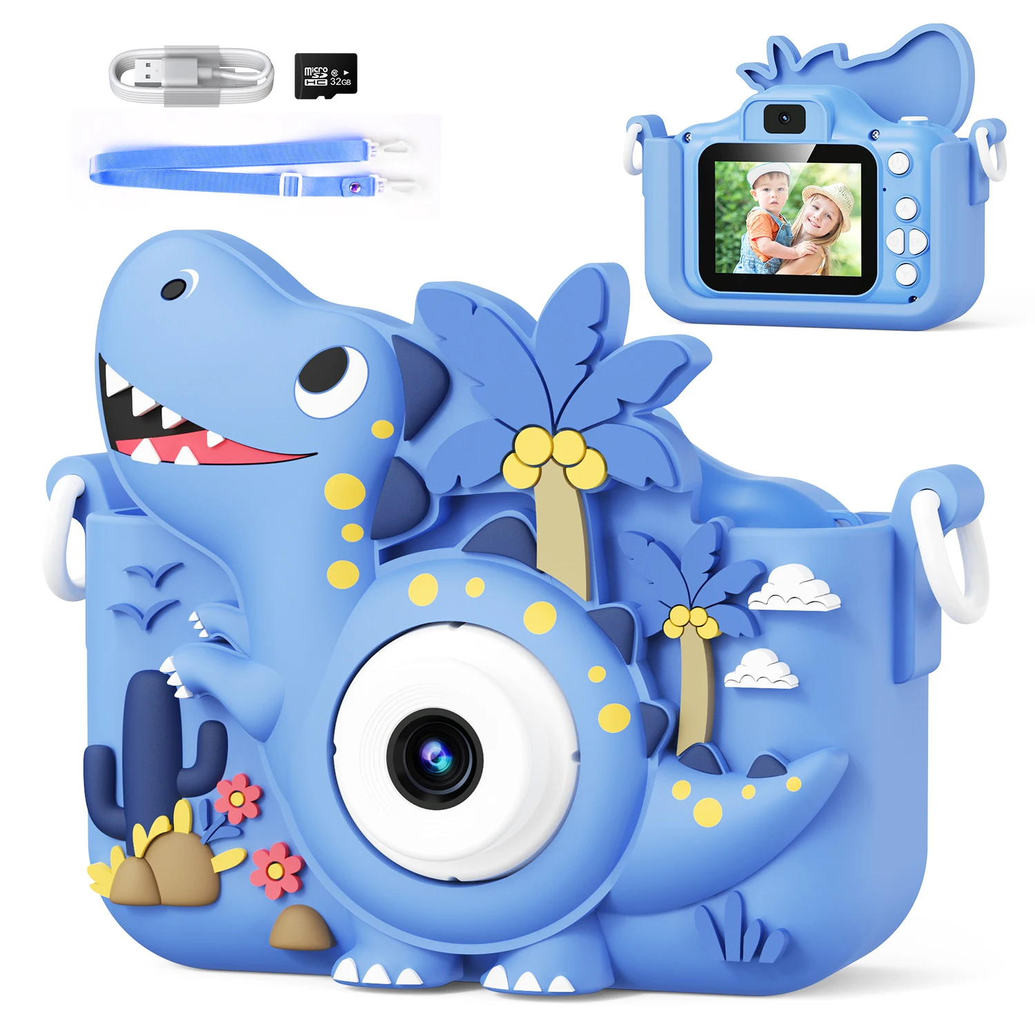 Kids Dinosaur Mini Camera 1080P HD Dual Camera 32GB Card Digital Camera Toys For Children Birthday Christmas Gifts