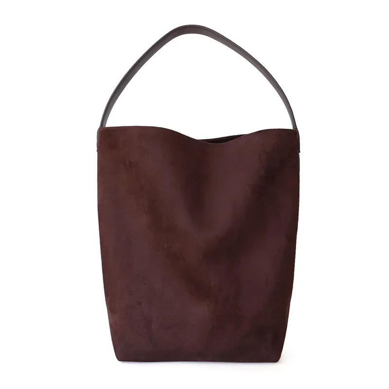 Women Cowhide Suede Shoulder Bag Female Bucket Casual Tote Bags Solid Color Single Handbag