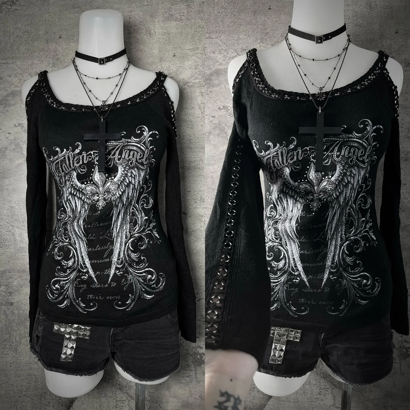 2026 New Autumn Retro Dark Punk Gothic Angel Wings Printed Off Shoulder Long Sleeve Top Spicy Girl Street Niche Trend Subculture