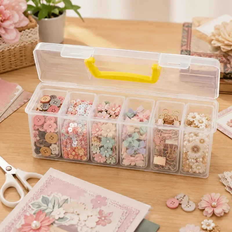 6 Compartments Portable Transparent Storage Box, Detachable Inner Box, Suitable for Buttons, Beads, Jewelry, Sewing Accessories