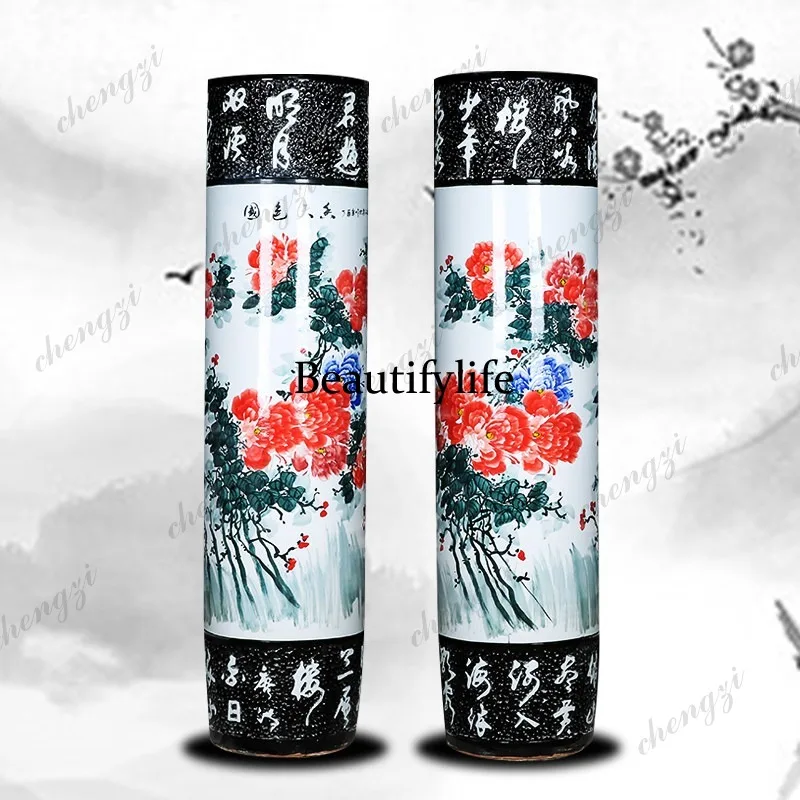 Jingdezhen ceramic hand-painted peony floor-to-ceiling large vase home furnishing living room Chinese ornament opening gift