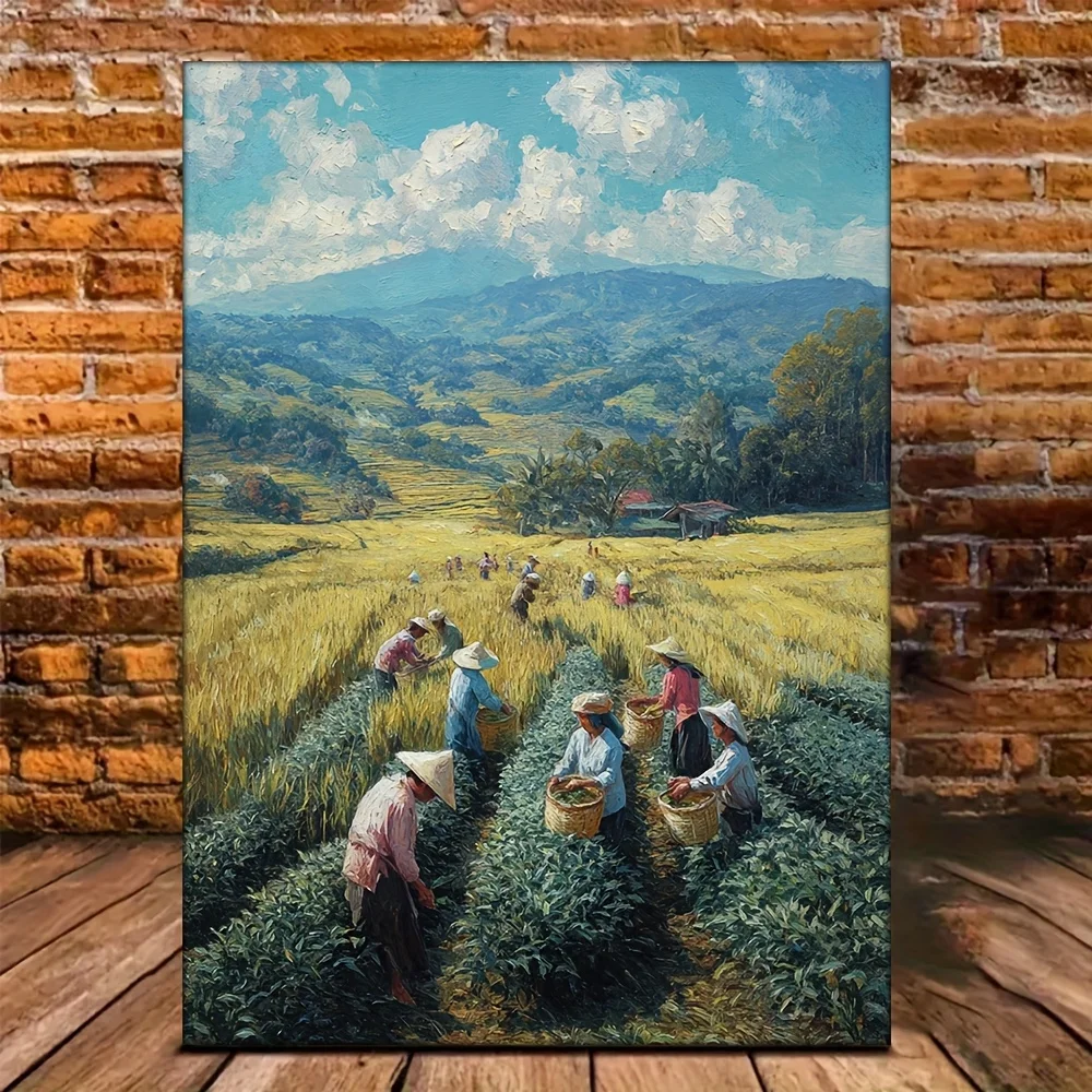 (No frame)1pc Indonesian/Javanese Tea Plantation Harvest Oil Painting - 12x16 Inch Framed Traditional Indonesian Farming Art,