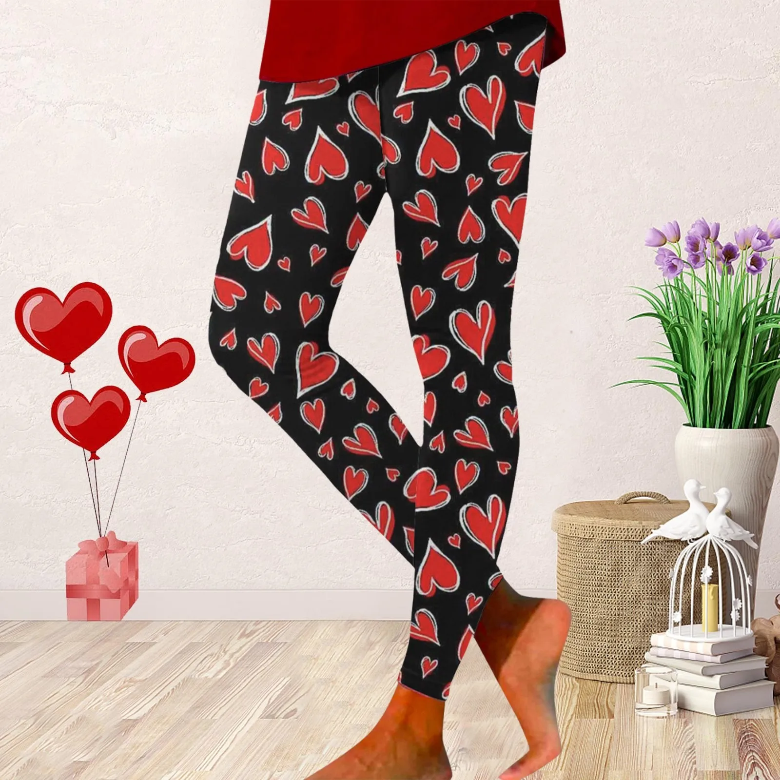 Womens Valentine's Day Leggings Sweet Heart Print High Waist Elastic Fit Slim Pant Spring Autumn Hip Lift Soft Outwork Tights