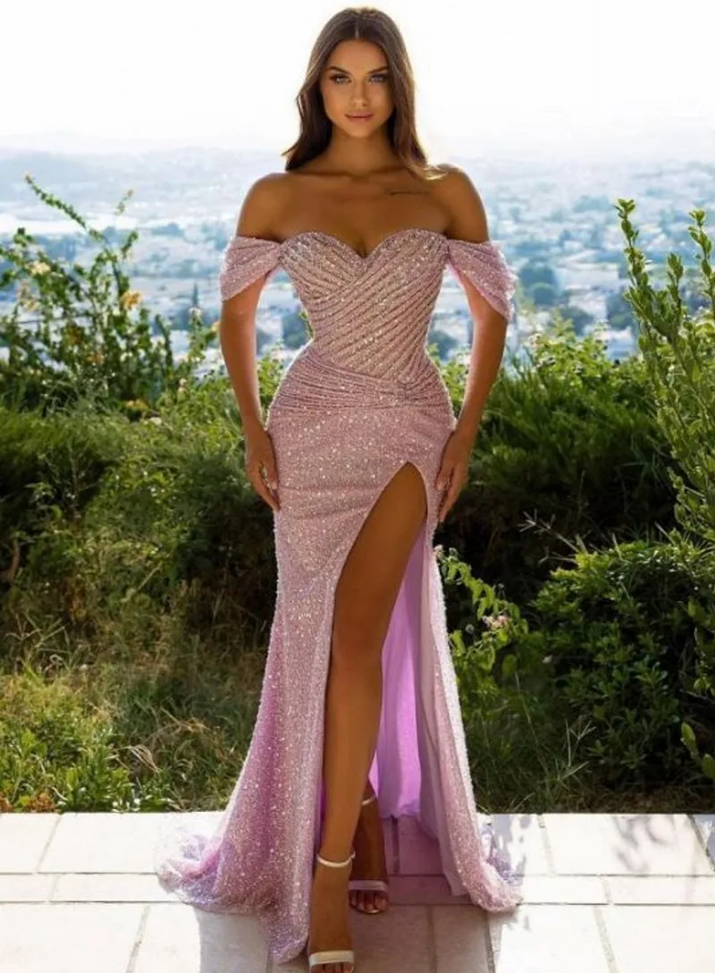 

2025 Pink Sequins Mermaid Prom Party Dress Off the Shoulder Silt Beads Long Evening Formal Gowns Robe De Soriee Customized