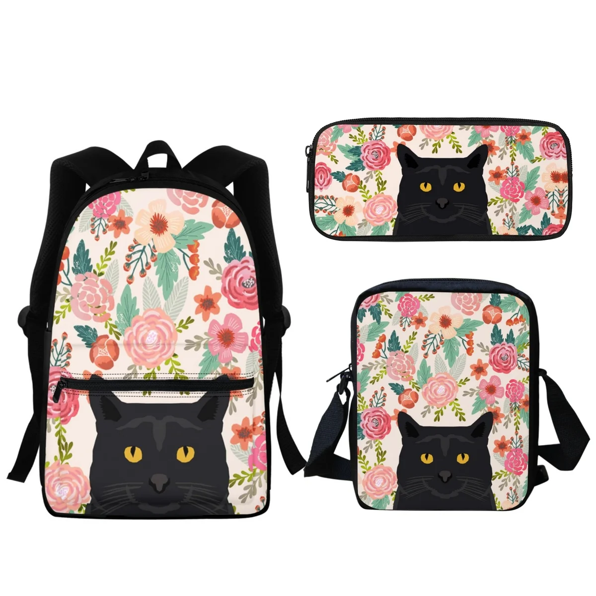 Cartoon Dog e Floral Print School Bags para crianças, mochila Zipper, presente de volta à escola, ferramentas de aprendizado, animais fofos, engraçado, 3 pcs