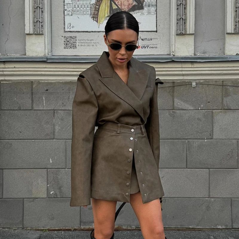 Retro PU Leather Skirt Outfit Spring Women Hollow Out Long Sleeved Top+straight Single Breasted Bust Skirt Autumn Two Piece Set
