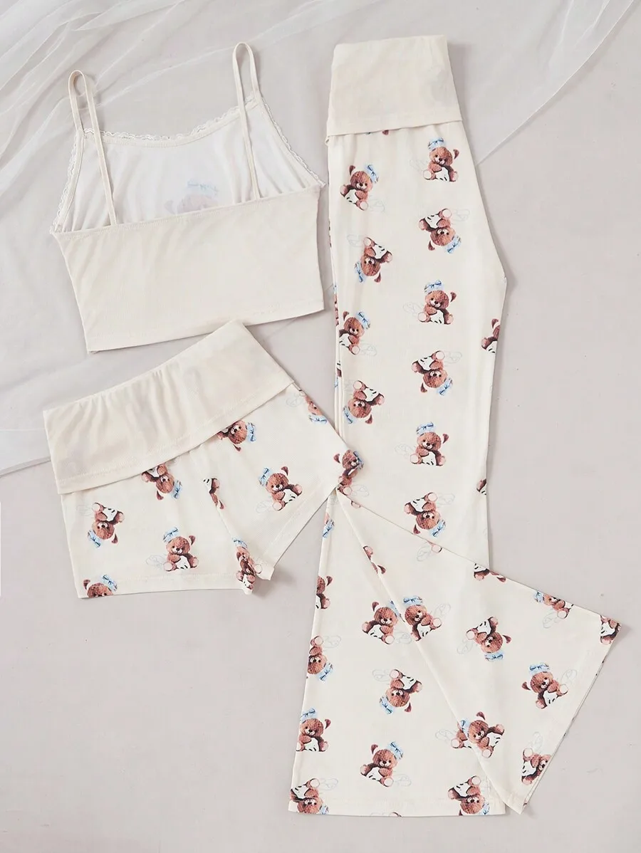 

3pcs Women Bear Print Pajama Set Lace Trim Spaghetti Strap Camisole Pleated Shorts Straight Leg Pants