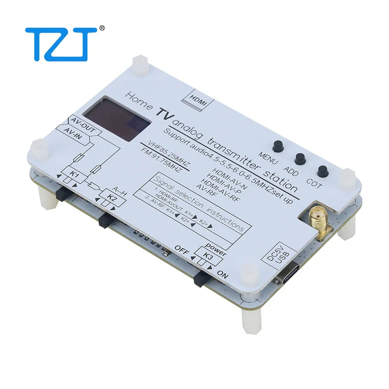 TZT White Analog TV Signal Transmitter Home Analog TV Transmitter with OLED Display Supports Global TVs