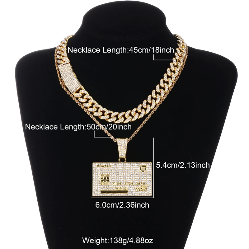 HIP HOP Bling Iced Out Bank VISA Card Shape Pendant Cuban Necklace for Women Men Shiny Zircon Necklace Rappers Jewelry