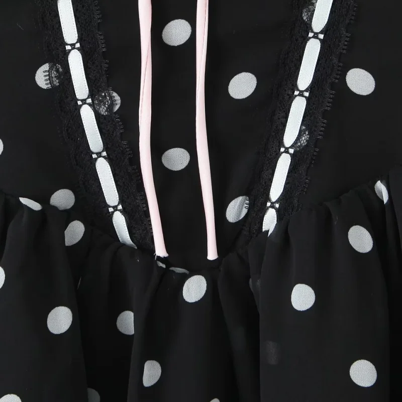 폴카 도트 무늬 꽃 장식 허리 조임 A라인 스윗 쿨 레트로 데이트 드레스 여성용 레트로 슬레 하이 웨이스트...
