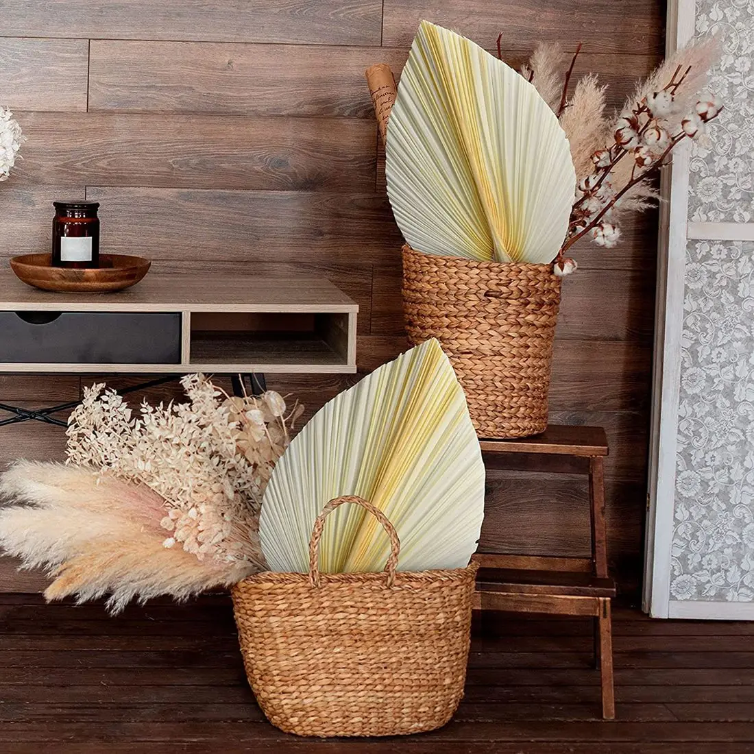 Grandes feuilles de palmier blanches séchées, qualité supérieure, 3 pièces, art mural élégant et moderne, décoration Boho pour la maison et le mariage