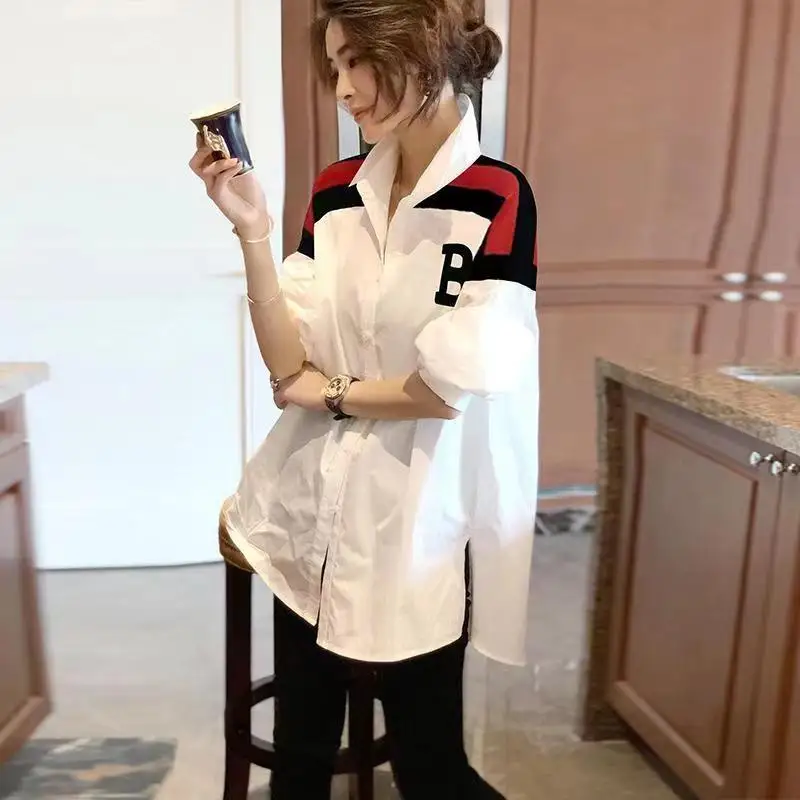 Fashion Lapel Printed Spliced Asymmetrical Shirt Women\'s Clothing 2023 Autumn Winter Oversized Casual Tops Commuter Blouses