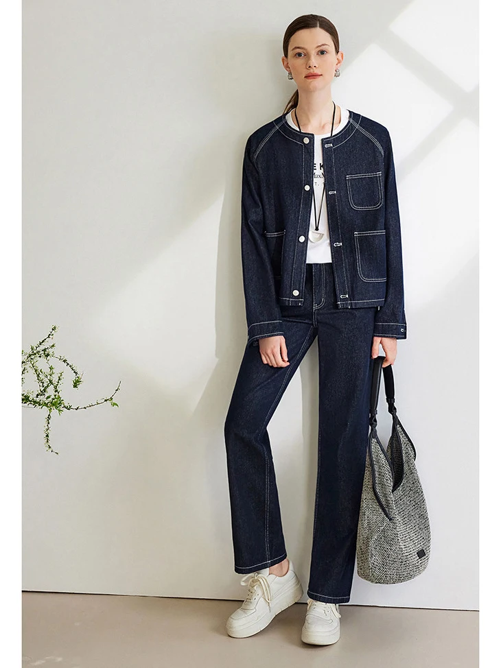 

l Haax Dyed Denim Jaet And Pants Set Faionable Colion Line Women's Spring Outfit Long Sve round Ne Button