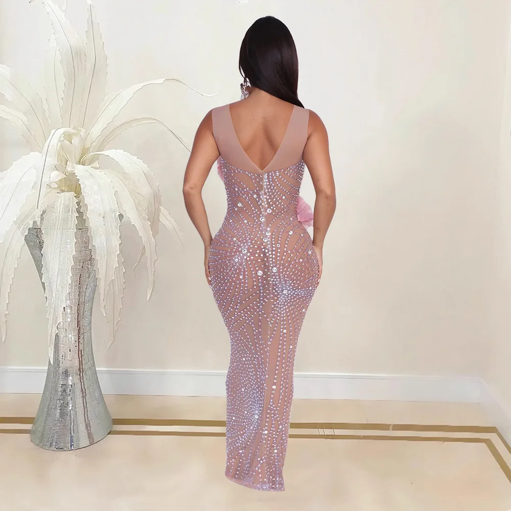 Vestido Sexy de malla rosa con lazo y flores para mujer, vestidos elegantes de noche Maxi, ropa de verano para mujer, vestidos sexis de lujo ajustados para fiesta de graduación en la playa