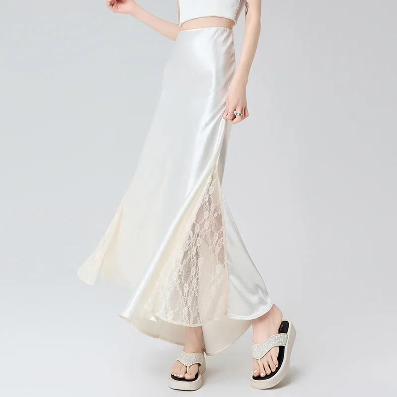 

2025 New Retro Lace Fish Tail Skirt Half Skirt Women Summer Elegant High Waist Draped A-Line Hip Covering Body Contour Midi Dres