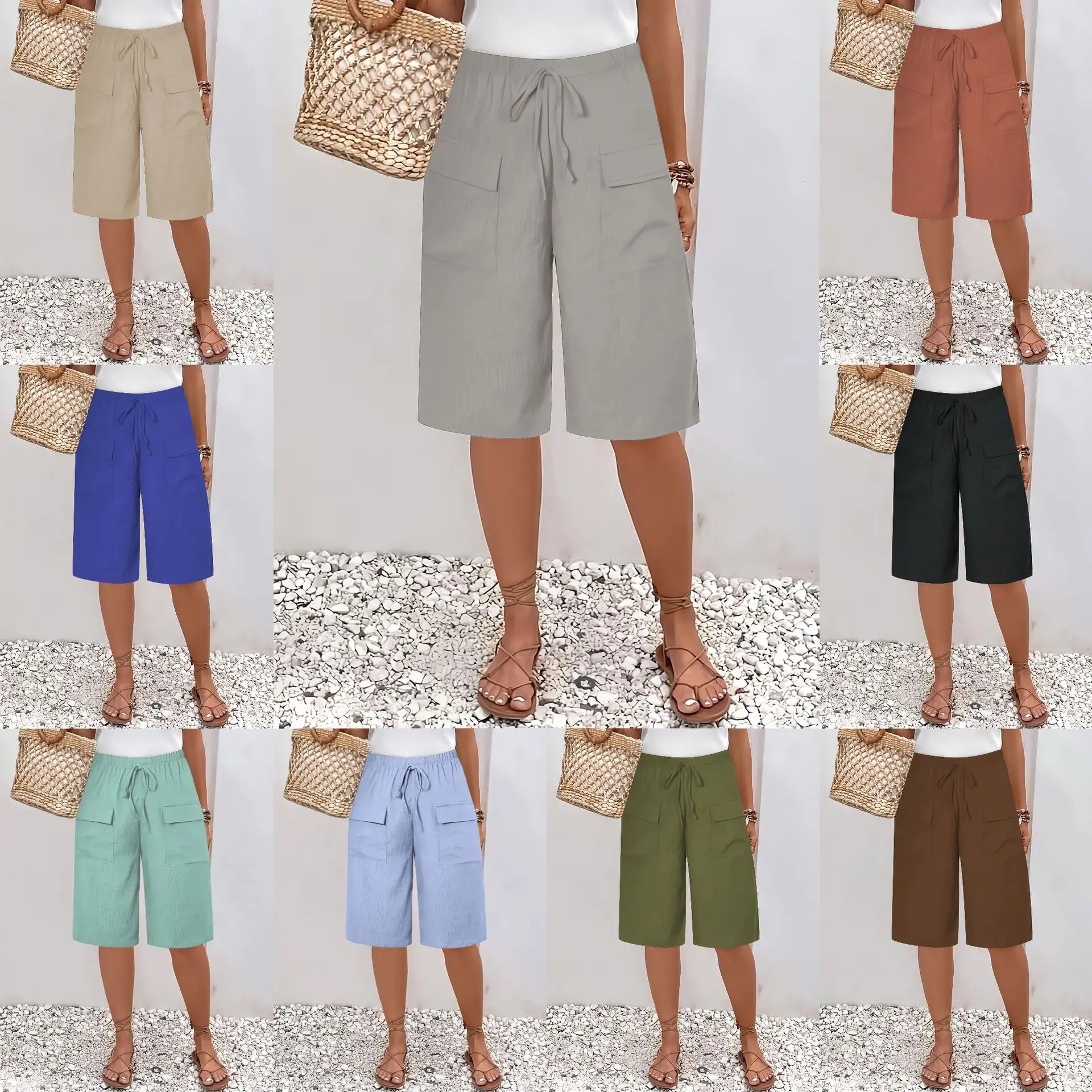 Women's mid-thigh cargo shorts, with casual and loose pockets, knee-length, suitable for daily summer wear