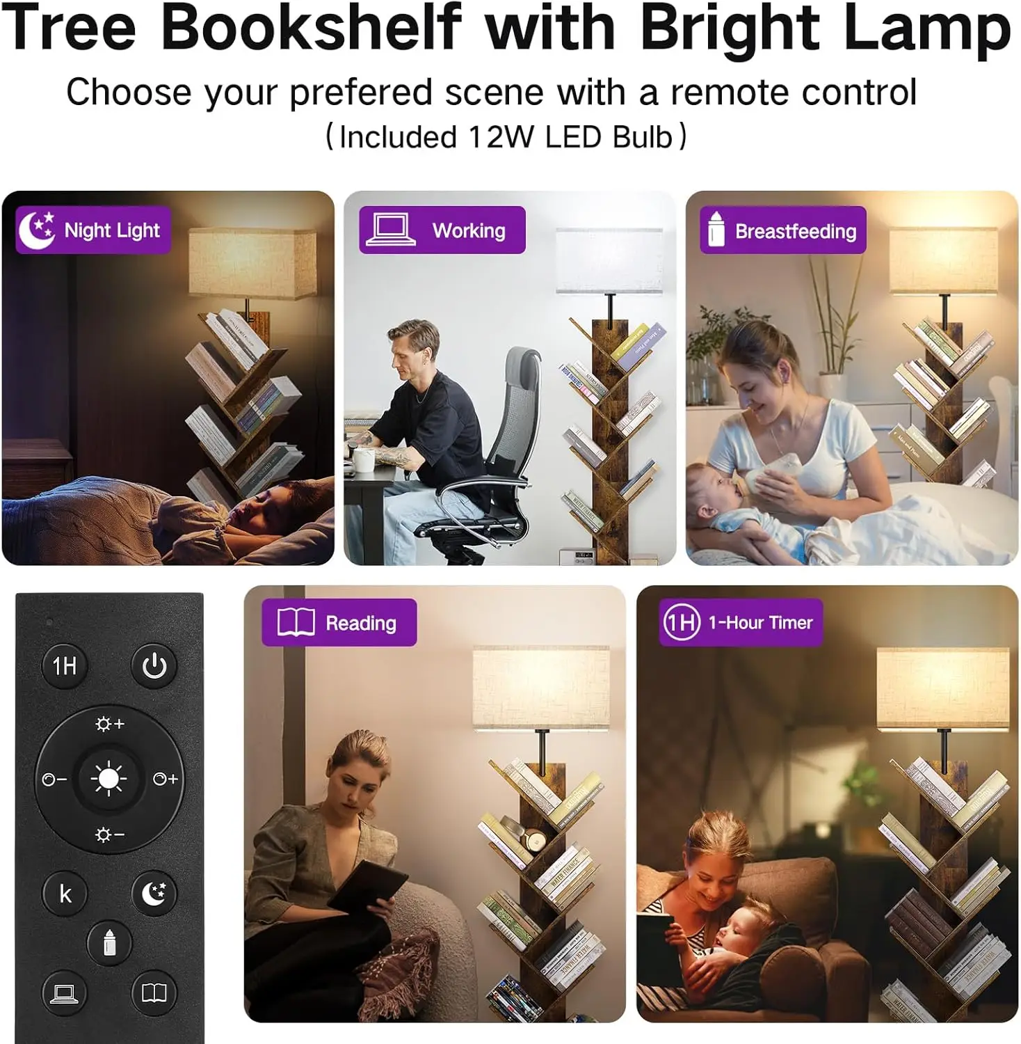 

6 Tier Tree Bookshelf With Light & Remote, Small Bookcase With Storage Cabinet, Modern Narrow Corner Bookshelves Organizer,