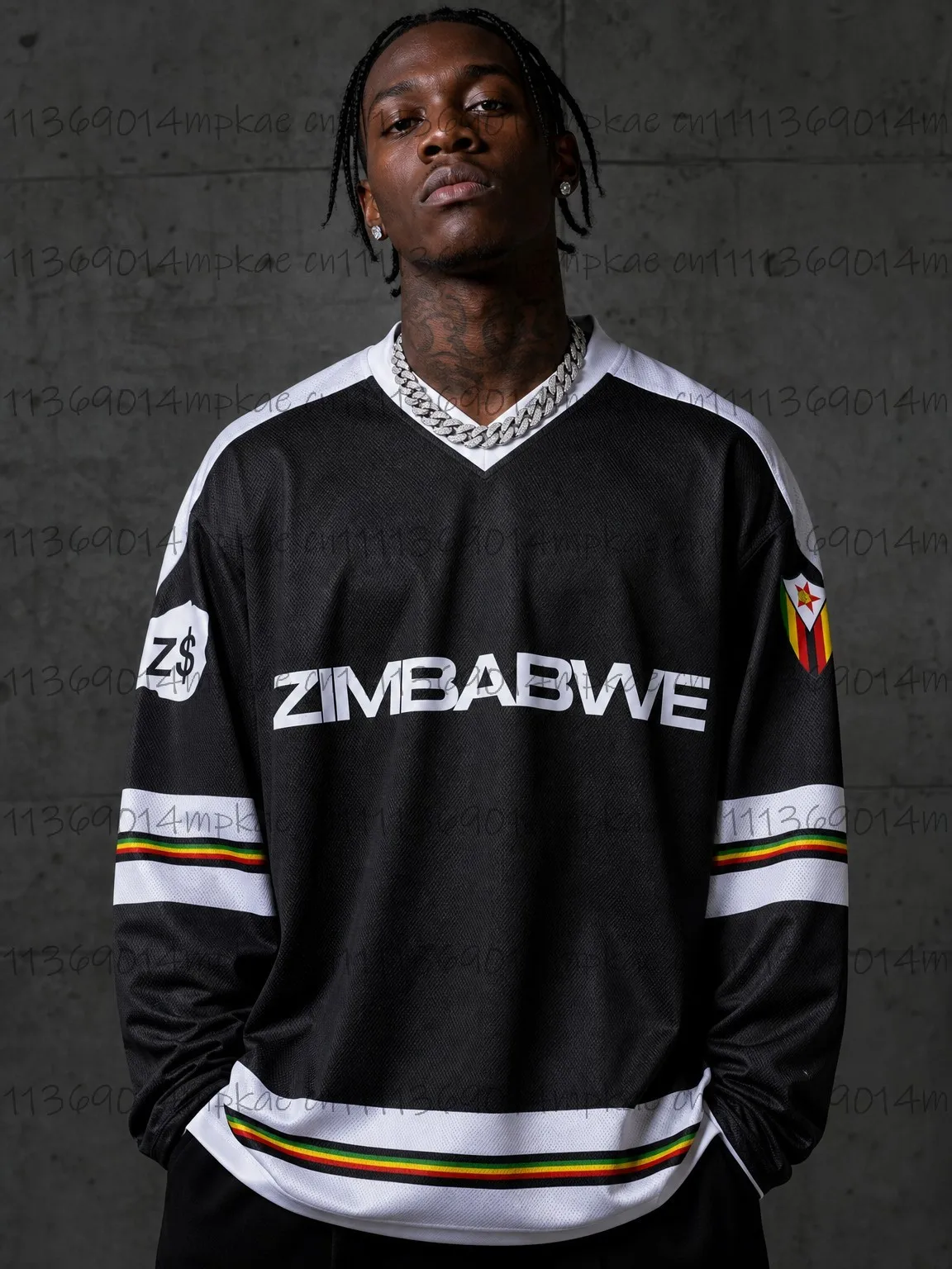 Men's Zimbabwe Printed V-Neck Long-Sleeve T-Shirt, Casual Summer Sporty Style, Fashionable Retro Streetwear Top