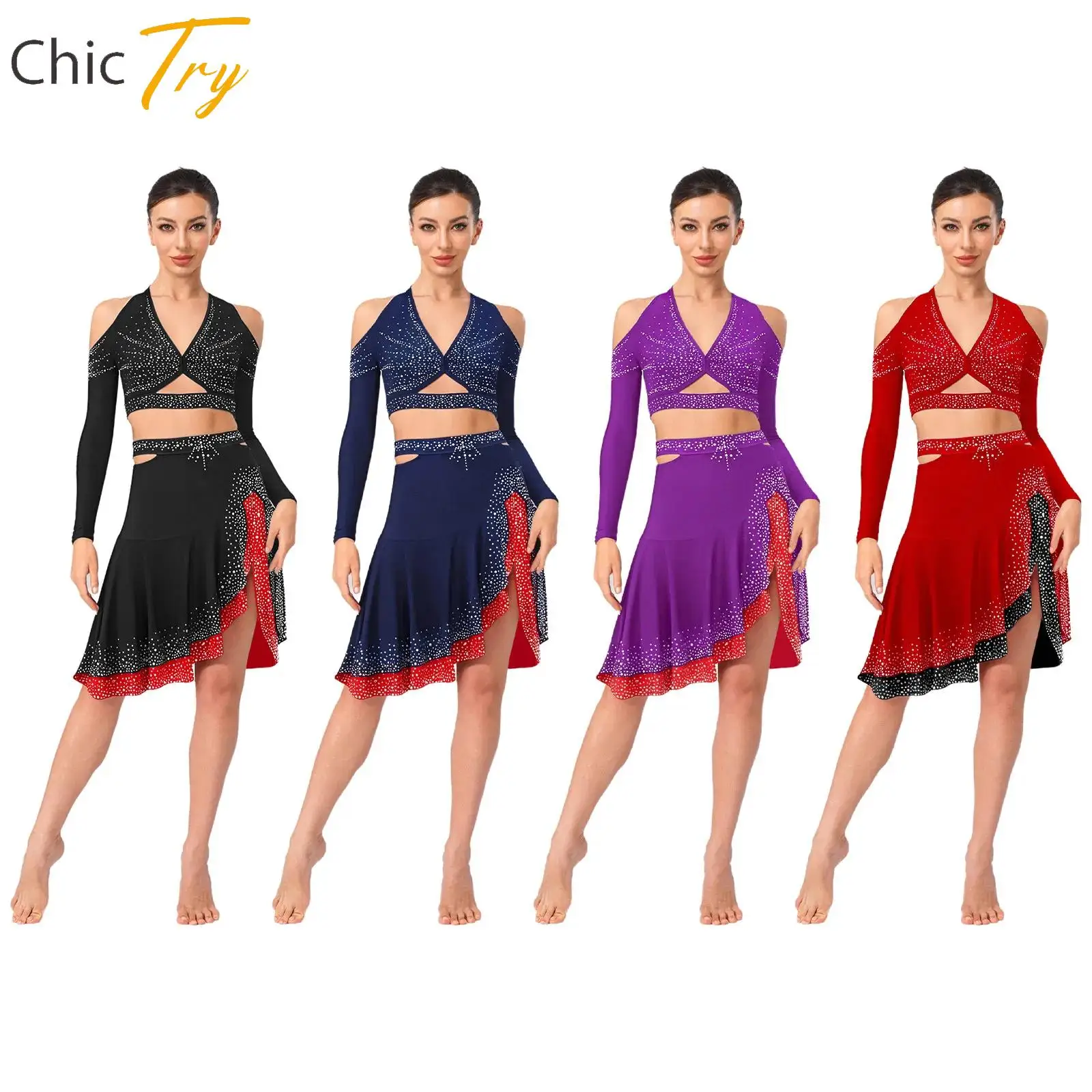 

Women 2Pcs Jazz Latin Dance Costumes Halter Long Sleeve Deep V-Neck Crop Top And Skirt Rhinestones Performance Dancewear Sets
