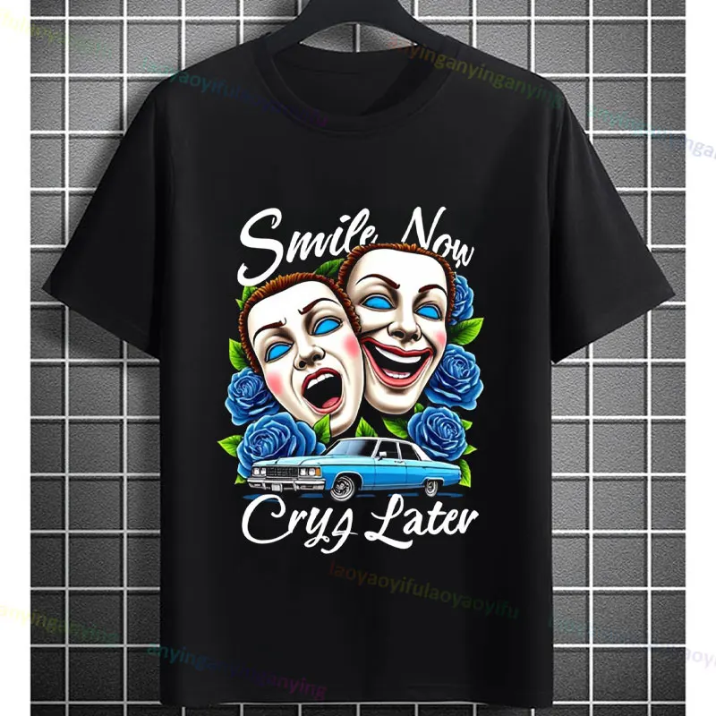 Funny Payaso Clown Masks Graphic T-shirt - Smile Now Cry Later Design Short-sleeve Pure Cotton Fashion Streetwear Casual Tshirt view 5