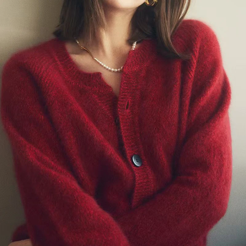 

Autumn Winter 2025 New Round Neck Knitting Cardigan Women's Sweater Jacket Loose High Quality Pure Wool Ladies Coat Tops