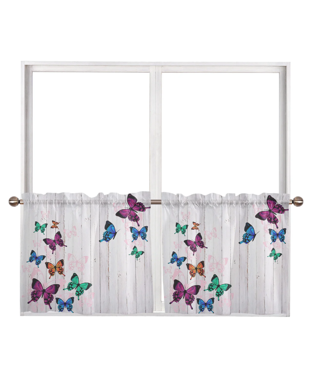 Wood Grain Retro Colorful Butterfly Sheer Curtains Short Curtains for Living Room Voile Tulle Window Drape for Kitchen Bedroom