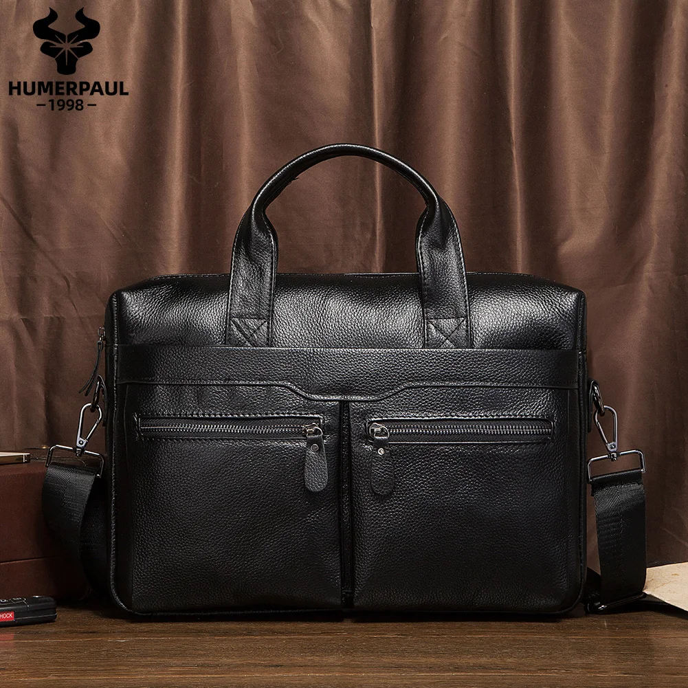 HUMERPAUL Men's Genuine Leather Briefcase Business Laptop Bag with Multiple Pockets Durable Handbag Shoulder Bags for Travel ﻿