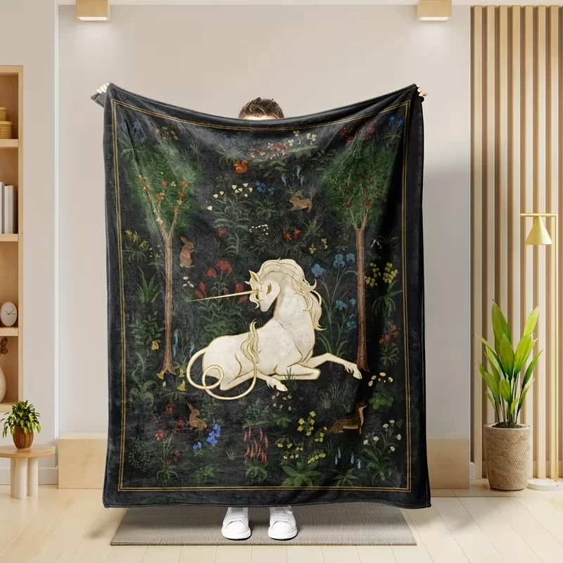 1pc Jungle Unicorn Flannel Blanket Modern Polyester Rectangular Throw Blanket, Traditional Style Multi-purpose Blanket