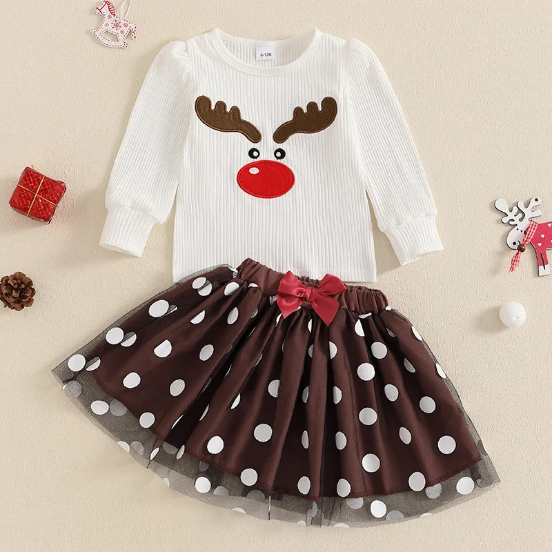 Kid Clothes Girl Christmas Outfit Ribbed Reindeer Embroidery Long Sleeve Ribbed Tops Dot Print Tulle Skirt Clothes Set