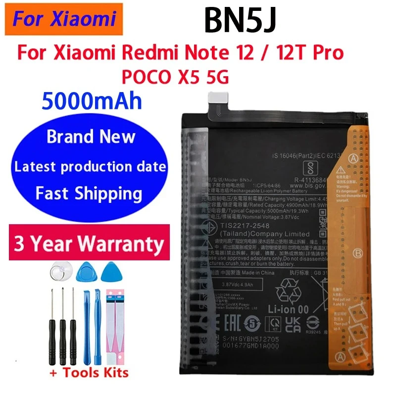 100% NEW High Quality Battery 5000mAh BN5J For Xiaomi Redmi Note 12 5G / 12T Pro / POCO X5 5G Mobile Phone Batteries +Tools