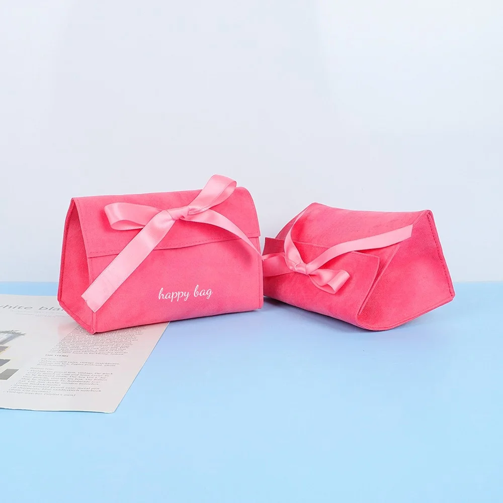 Custom Design Logo Printed Envelope Flap Pink  Jewelry Bag Packaging Ribbon With Bow-Knot  Pouches Luxury Gift Bag