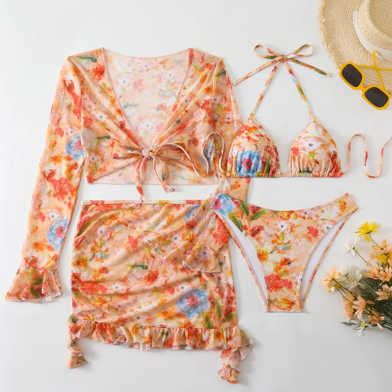 

Купальник с принтом для пляжного отдыха, женский сексуальный комплект бикини с завязками, кардиган с длинным рукавом для защиты от солнца, юбка, комплект из двух предметов
