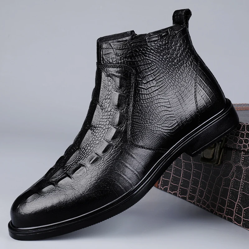 High Quality Men Comfortable Side Zipper Crocodile Patterned Fleece Short Boots Winter Fashion Top Layer Cowhide Business Boots
